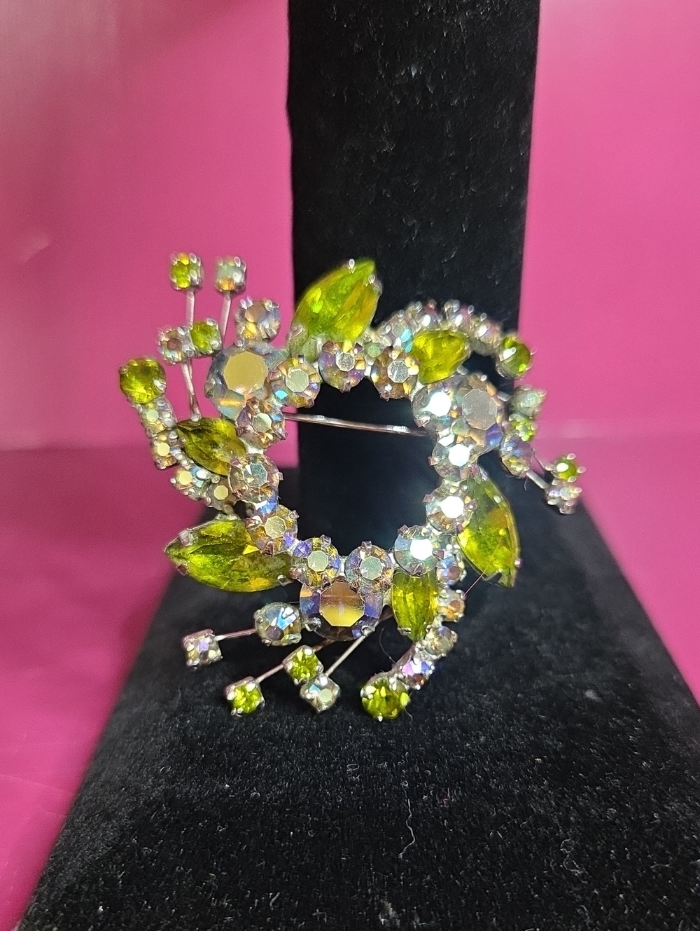 Vintage Mid-Century Sherman Aurora Borealis & Lime Pinwheel Brooch